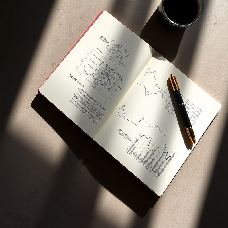 Cahier ouvert sur des schémas financiers dessinés à la main, ambiance charcoal et or